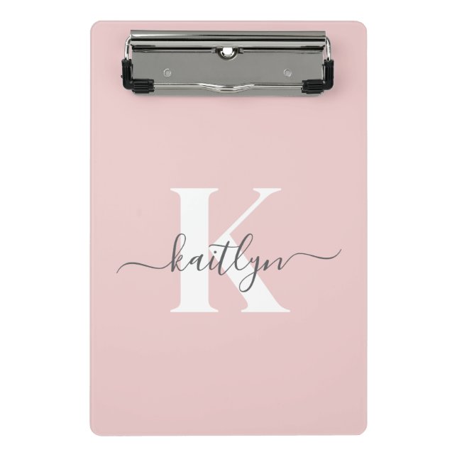 Elegantes Rosa-Hauch-Grau-Script-Monogramm Mini Klemmbrett (Vorderseite)