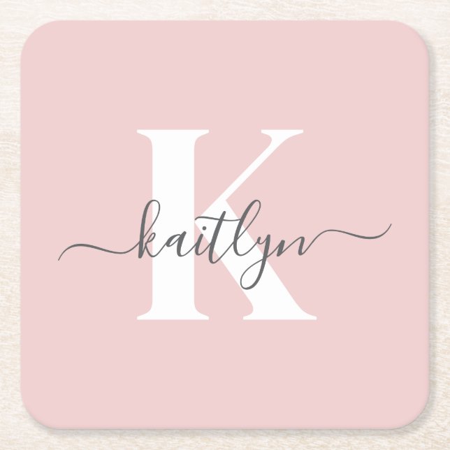 Elegantes Rosa-Hauch-Grau-Script-Monogramm Rechteckiger Pappuntersetzer (Vorderseite)