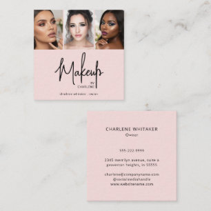 Elegantes Rosa-Hauch-Schwarz-Schrift-3-Foto-Make-u Quadratische Visitenkarte