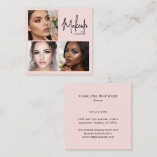 Elegantes Rosa-Hauch-Schwarz-Schrift-3-Foto-Make-u Quadratische Visitenkarte