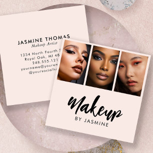 Elegantes Rosa-Hauch-Schwarz-Schrift-3-Foto-Makeup Quadratische Visitenkarte