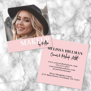 Elegantes Rosa-Hauch-Schwarz-Script-Foto-Make-up Quadratische Visitenkarte