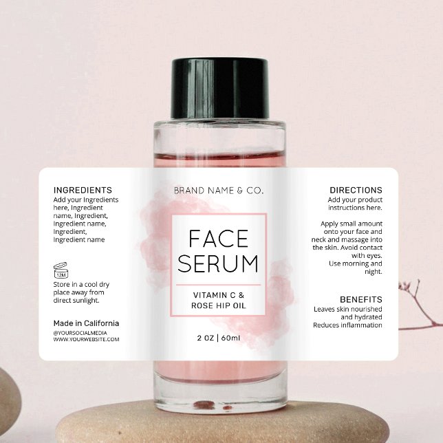 Elegantes, rosa Hautpflegelchen Kosmetisches Flasc (Feminine cosmetic bottle wrap around label with pink watercolor background and modern layout)