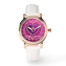 Elegantes rosa Herz-Spitzen-Mandala Roségold-Kunst Armbanduhr