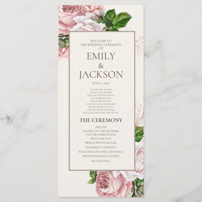Elegantes Rosa-Hochzeitsprogramm mit floralem Crem Programm (Vorderseite)