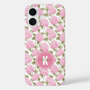 Elegantes rosa Hydragea-Blume Muster Monogramm iPhone 16 Hülle