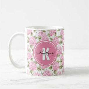 Elegantes rosa Hydragea-Blume Muster-Monogramm-Cof Kaffeetasse