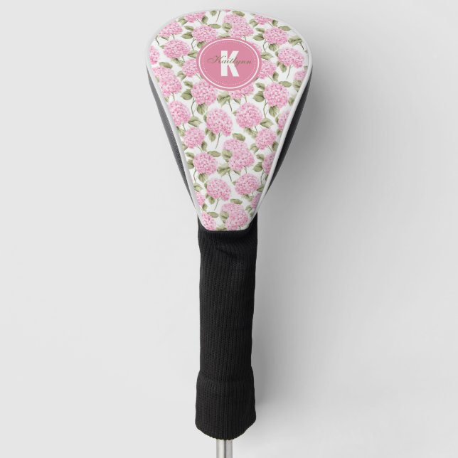 Elegantes rosa Hydragea-Blume Muster Monogramm Golf Headcover (Vorderseite)