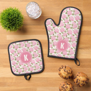 Elegantes rosa Hydragea-Blume Muster Monogramm Ofenhandschuh & Topflappen-Set