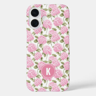 Elegantes rosa Hydragea-Blumenmuster-Monogramm iPhone 16 Hülle