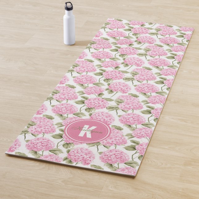 Elegantes rosa Hydrangeen-Blumen-Muster-Monogramm Yogamatte (Beispiel)