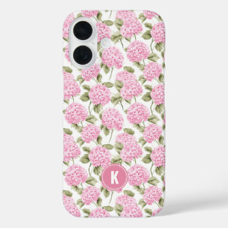 Elegantes rosa Hydrangeen-Blumenmuster-Monogramm iPhone 16 Hülle