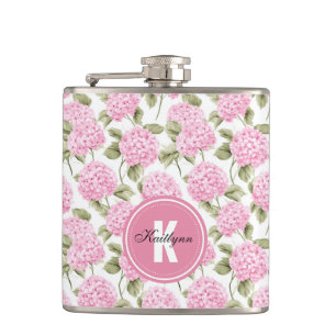 Elegantes rosa Hydrangeen-Blumenmuster-Monogramm Flachmann