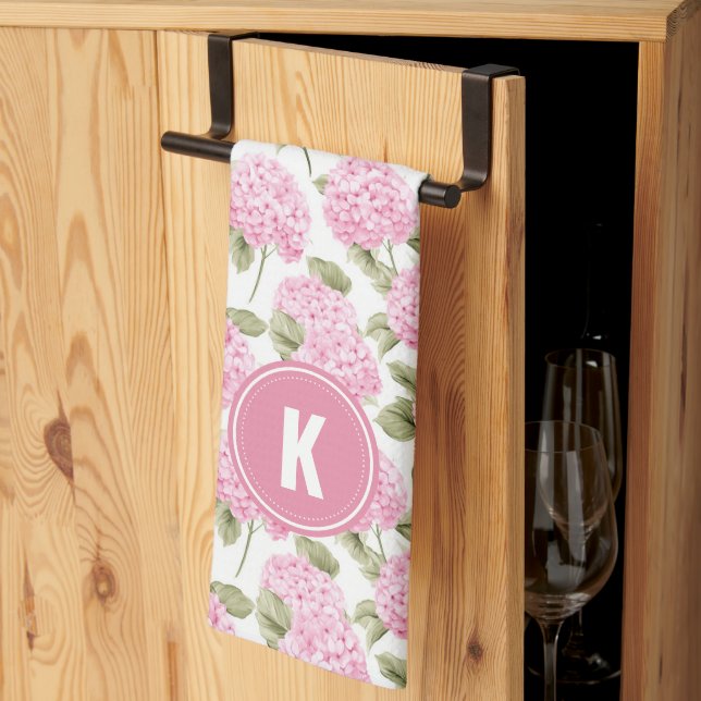 Elegantes rosa Hydrangeen-Blumenmuster-Monogramm Geschirrtuch (Drittel gefaltet)