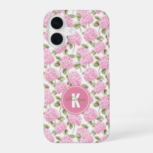 Elegantes rosa Hydrangeen-Blumenmuster-Monogramm iPhone 16 Hülle