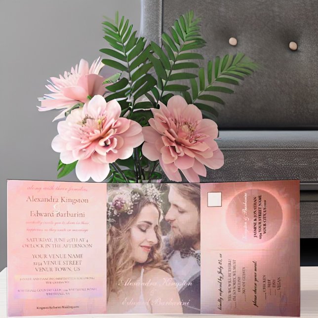 Elegantes Rosa Kalligrafie Custom Foto Wedding Dreifach Gefaltete Ankündigung (Von Creator hochgeladen)