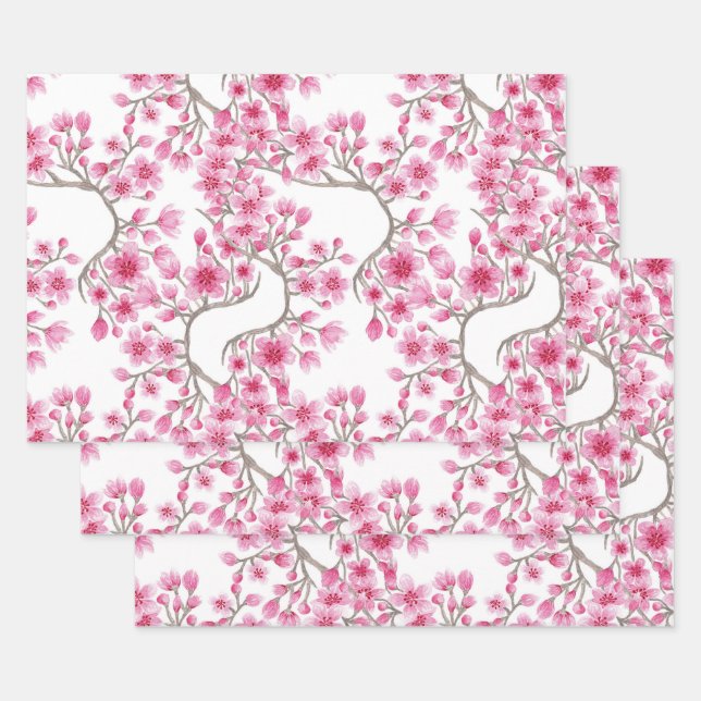 Elegantes rosa Kirschblossom Wasserfarben Geschenkpapier Set (Set)