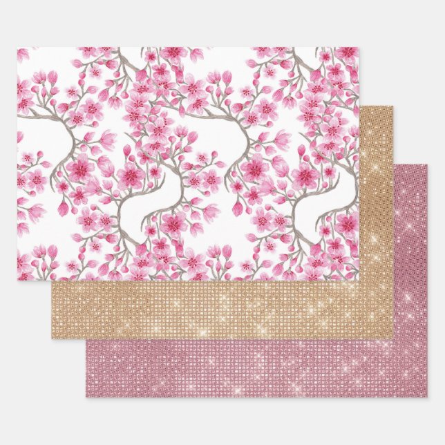 Elegantes rosa Kirschblossom Wasserfarben Geschenkpapier Set (Set)