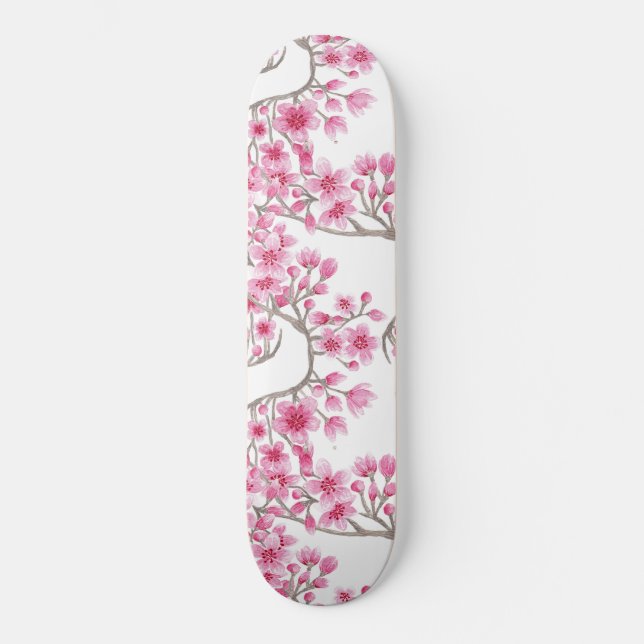 Elegantes rosa Kirschblossom Wasserfarben Skateboard (Vorderseite)