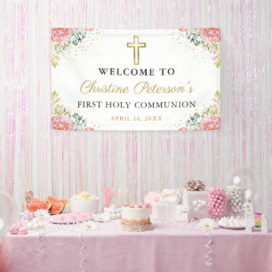 Elegantes Rosa Korallen Floral Erste Heilige Kommu Banner