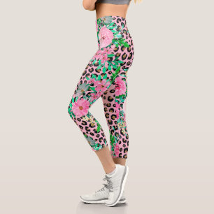 Elegantes rosa Leopard Print und Blumendesign Capri Leggings