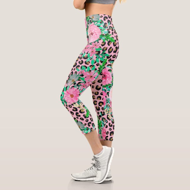 Elegantes rosa Leopard Print und Blumendesign Capri Leggings (Links)