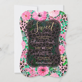 Elegantes rosa Leopard Print und Blumendesign Einladung