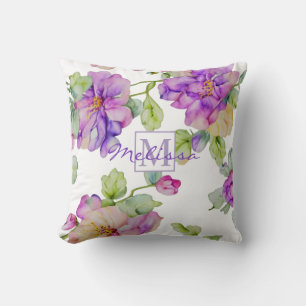 Elegantes rosa lila Aquarellblumenmonogramm Kissen