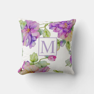 Elegantes rosa lila Aquarellblumenmonogramm Kissen