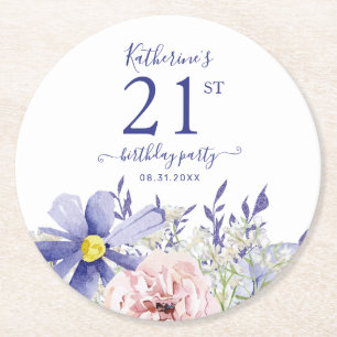 Elegantes Rosa Lila Blumengebirge 21. Geburtstag P Runder Pappuntersetzer