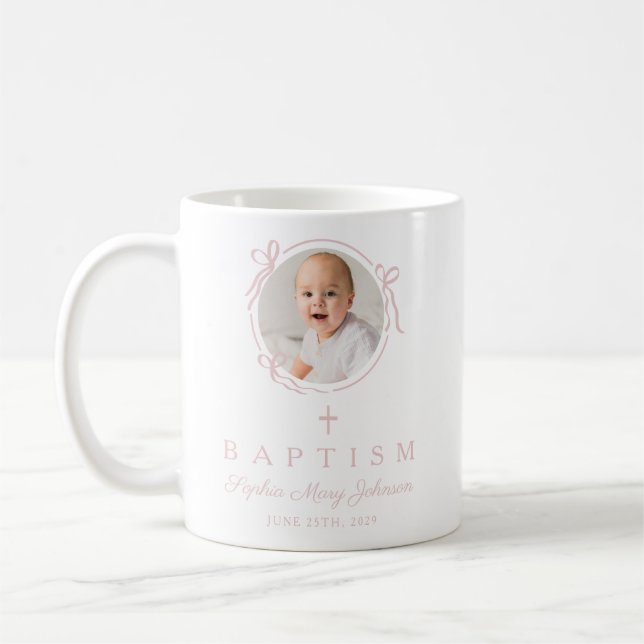 Elegantes rosa Mädchen Foto Taufe Kaffeetasse (Links)