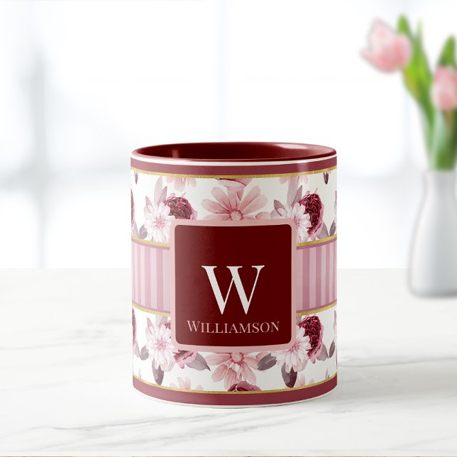 Elegantes rosa Magenta Floral Stripe Monogramm Cus Tasse (Von Creator hochgeladen)