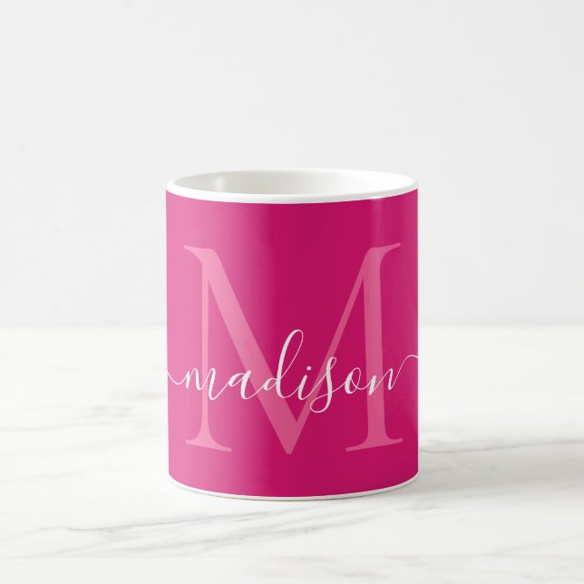 Elegantes rosa Magenta White Monogram Script Stilv Kaffeetasse (Mittel)