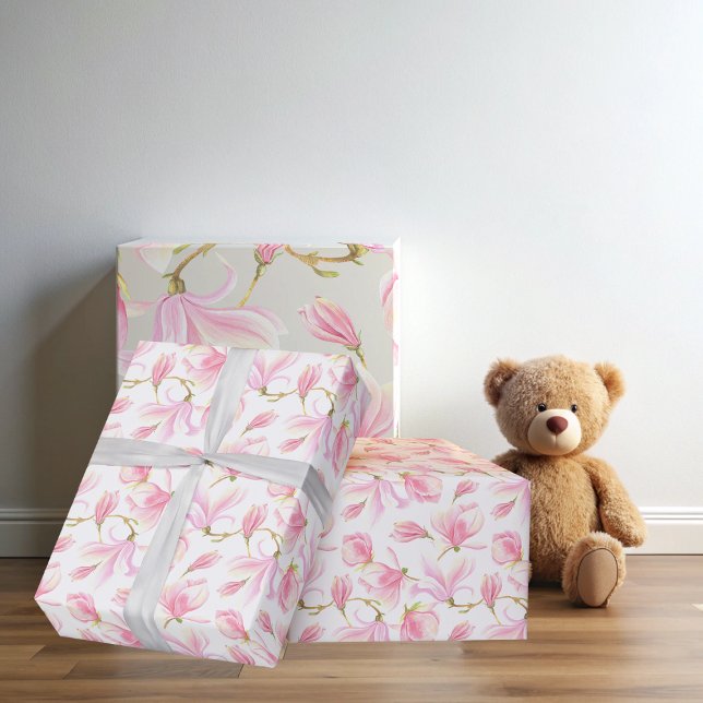 Elegantes rosa Magnolia Blume Muster Wasserfarbe Geschenkpapier (Elegant Pink Magnolia Flower Pattern Watercolor Wrapping Paper)