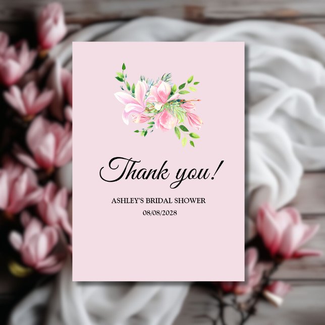 Elegantes rosa Magnolia Brautparty Dankeskarte (Elegant Pink Magnolia Watercolor Bridal Shower Thank You Card)