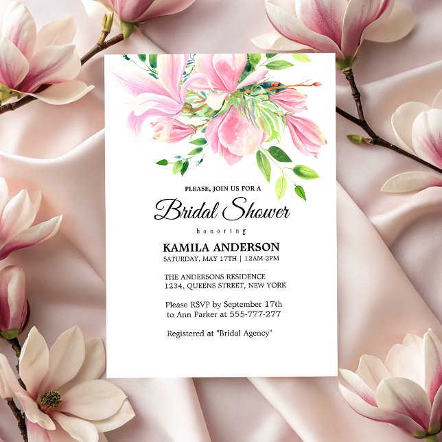 Elegantes rosa Magnolia Brautparty Einladung (Elegant Pink Magnolia Watercolor Bridal Shower Invitation)