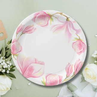 Elegantes rosa Magnolia Brautparty Pappteller
