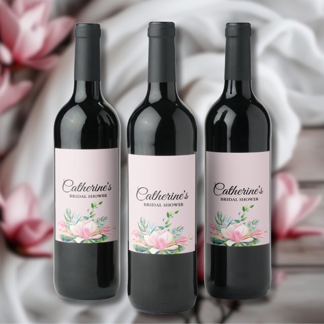 Elegantes rosa Magnolia Brautparty Weinetikett (Elegant Pink Magnolia Watercolor Bridal Shower Wine Label)