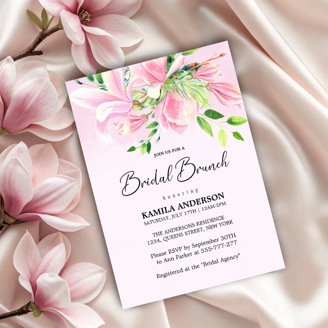Elegantes rosa Magnolia Einladung (Elegant Pink Magnolia Watercolor Bridal Brunch Invitation)