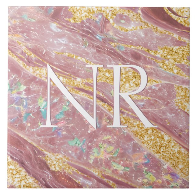 Elegantes Rosa Marmor und Niedliches Monogramm Gli Fliese (Vorderseite)