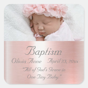 Elegantes rosa Metallisches Foto Name Baby Girl Ta Quadratischer Aufkleber