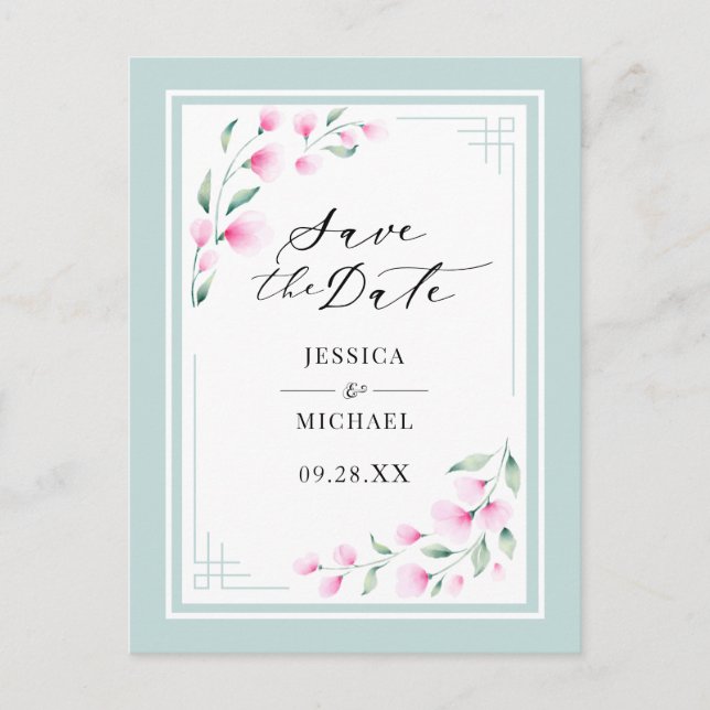 Elegantes rosa Minzbecken Wasserfarbe Save the Dat Einladungspostkarte (Vorderseite)