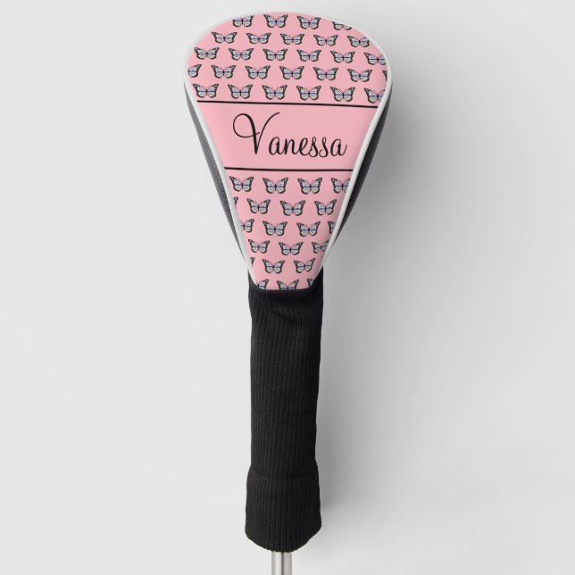 Elegantes Rosa mit schwarzem Skript- und Schmetter Golf Headcover (Vorderseite)