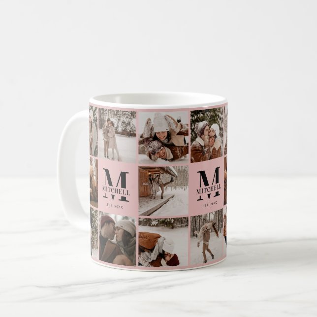 Elegantes Rosa Multifoto Collage Achtung Kaffeetasse (Vorderseite Links)