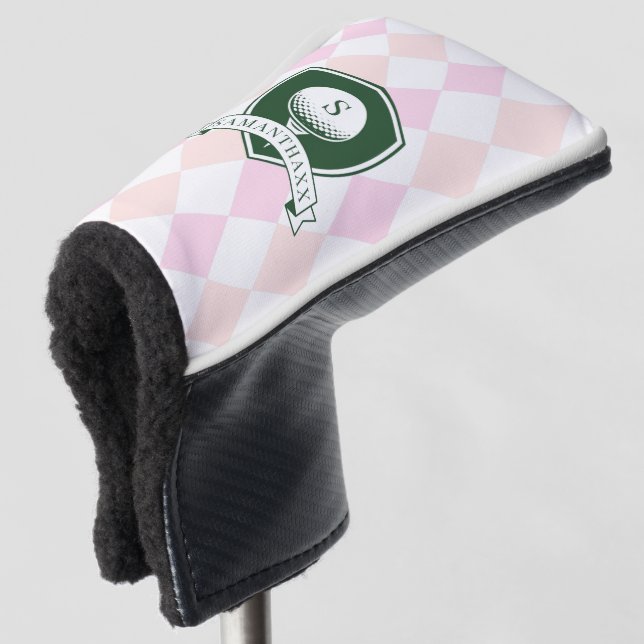 Elegantes rosa Muster Grün Golfer Name Monogramm Golf Headcover (3/4 Vorderseite)