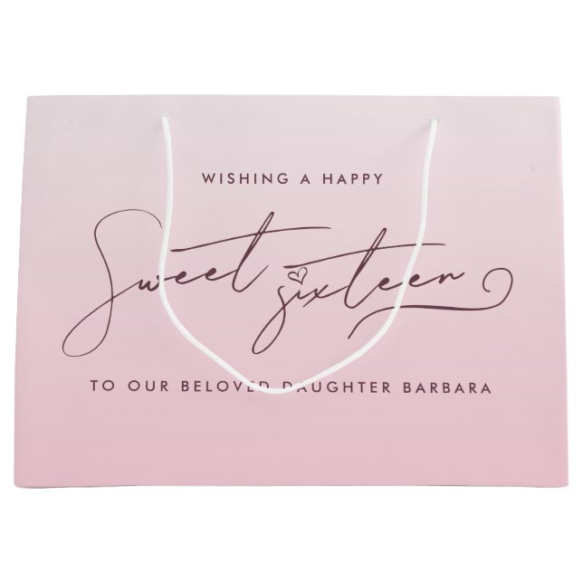 Elegantes Rosa-Ombre-Schriftzug Sweet Sixteen Große Geschenktüte (Vorderseite)