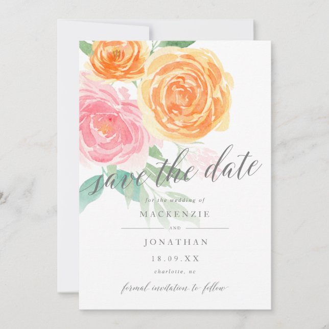 Elegantes Rosa & Orange Rose Foto Hochzeit Save The Date (Vorderseite)