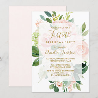 Elegantes rosa Peach Bloom 40. Geburtstags-Party Einladung