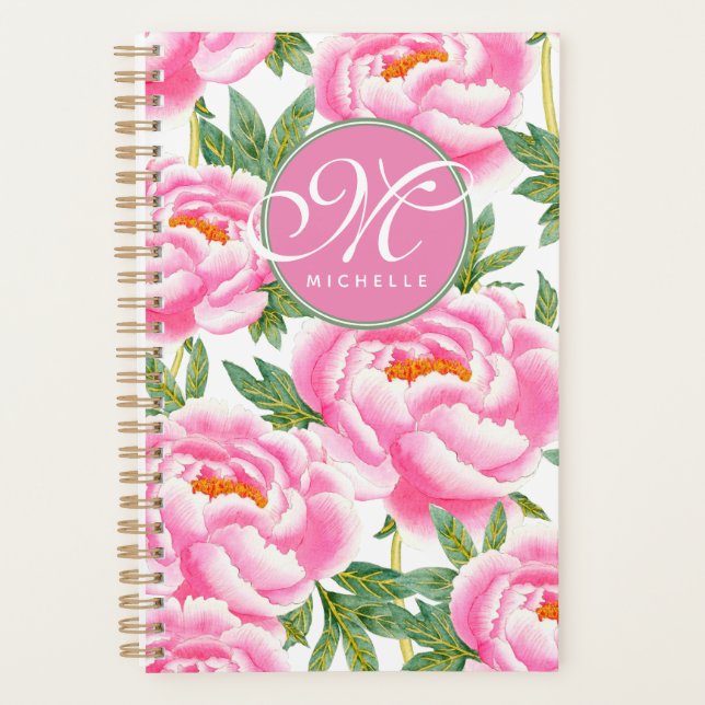 Elegantes rosa Peonies-Muster - Mit Monogramm Planer (Vorderseite)