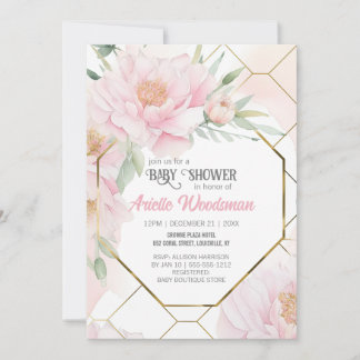Elegantes Rosa Peony Baby Dusche Wasserfarbe Einladung